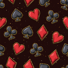 Seamless pattern with randomly scattered card suits icons on black textured background. Signs of hearts, clubs, spades, diamonds in thin golden frames. Gambling, casino theme.