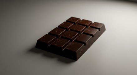 Richly detailed depiction of a dark chocolate bar, presenting a delectable treat, with meticulously crafted squares and alluring, deep brown tones against a neutral, subtly illuminated backdrop,...