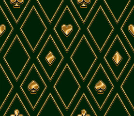 Seamless geometric pattern with card suits golden icons in rhombus grid. Diagonal arrangement of hearts, clubs, spades, diamonds symbols. Luxury kitsch style. Gambling, casino theme