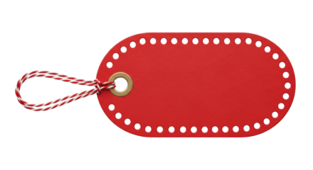 Isolated bright red tag with punched holes and string tied in a loop for a gift or product