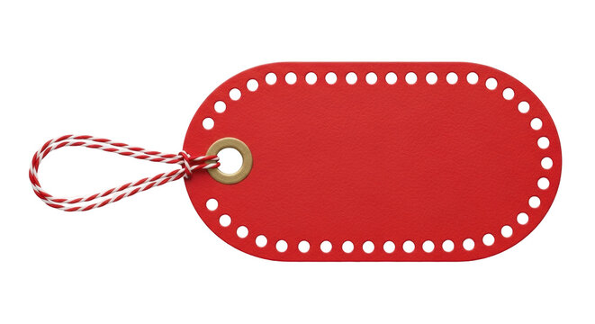 Isolated bright red tag with punched holes and string tied in a loop for a gift or product