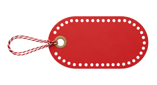 Isolated bright red tag with punched holes and string tied in a loop for a gift or product - Powered by Adobe