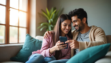Young man, woman couple sit on living room sofa. Smile, laugh, look at mobile phone screen together. Man embraces woman, sharing happy social media time at home. Cozy domestic scene, modern tech