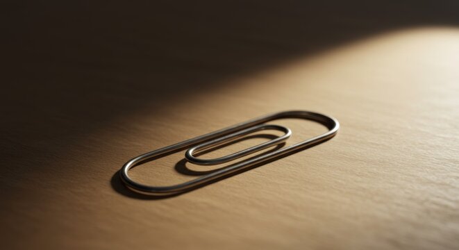 of a metallic paperclip on a light brown surface, illuminated by directional lighting which creates a stark contrast of light and shadow, presenting a minimalist and simple composition.