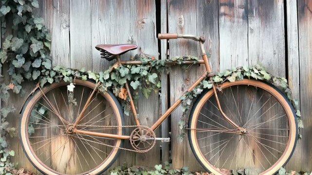 An old rusty bicycle leans against a worn wooden fence in a rustic setting