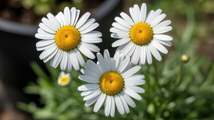Fototapeta premium Close up photo of three white daisy flowers in bloom