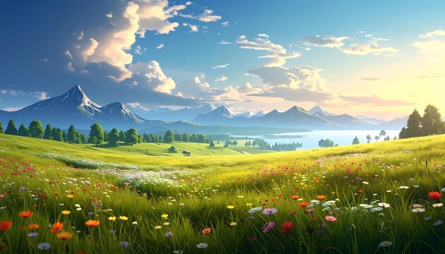 Vibrant Meadow Landscape Under a Sunny Blue Sky.