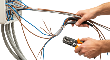 Isolated electrical wiring repair worker using stripper to prepare wires for electrical work