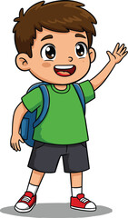 Cartoon happy school boy waving hand, wearing green t-shirt, backpack, red shoes, cheerful child character, smiling face, cute student illustration