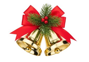 Golden christmas bells adorned with festive red bow and greenery isolated on white background