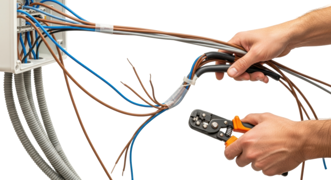 Isolated electrical wiring repair worker using stripper to prepare wires for electrical work