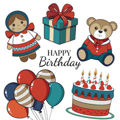 Colorful Happy Birthday illustration with cake, balloons, teddy bear, doll and present box. Perfect design for kids party invitations, greeting cards, scrapbooking, posters and festive decor.