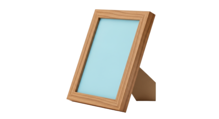 Isolated angled picture frame made of wood with a light blue background, modern display