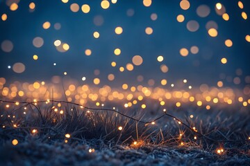 Twinkling Fairy Lights on Frosty Ground at Dusk bokeh