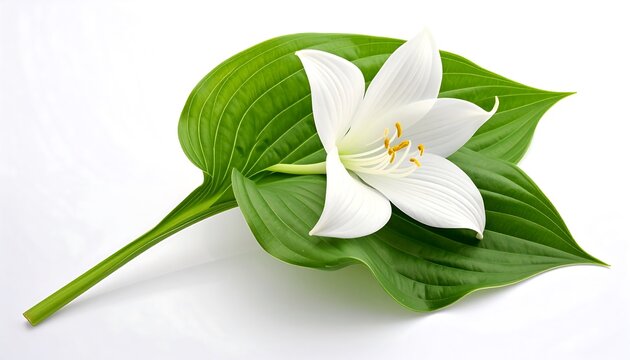 White Lily on Green Leaves Closeup.