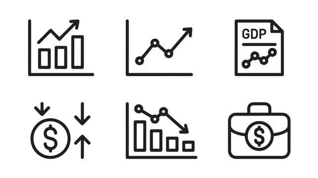 Set of business and finance icons showing growth decline and GDP simple line vector design elements isolated on white background