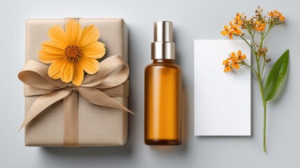 Elegant Gift Arrangement with Floral Elements, Perfume Bottle, and Blank Card on Soft Gray Background