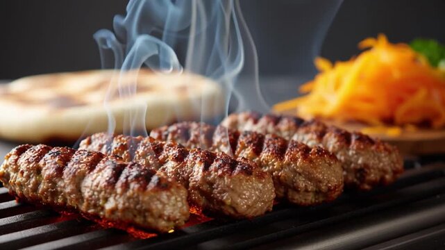 Grilled Cevapi Feast: An appetizing display of grilled cevapcici sausages, alongside a side of fresh carrot salad and bread, smoke rising gracefully, a true culinary delight