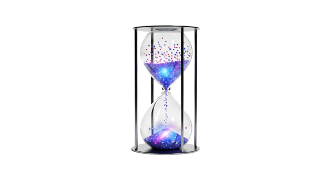 Hourglass with galaxy sand time management concept countdown timer deadline space nebula cosmic sky design