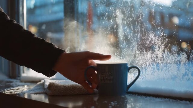 Hand reaching for blue mug on windowsill with frosted glass, sunlight streaming in, cozy winter ambiance. Scene evokes warmth, comfort, peaceful moments during chilly morning indoors