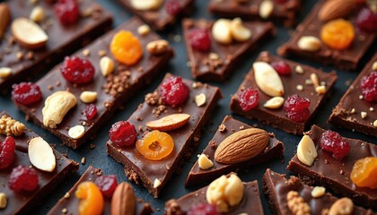 Chocolate bark pieces with nuts, dried fruit arranged on surface. Candy squares sweet snack closeup. Confectionery contains almond, cashew, walnut, berries. Delicious dessert for gourmet in dark