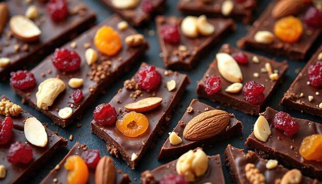 Chocolate bark pieces with nuts, dried fruit arranged on surface. Candy squares sweet snack closeup. Confectionery contains almond, cashew, walnut, berries. Delicious dessert for gourmet in dark - Powered by Adobe