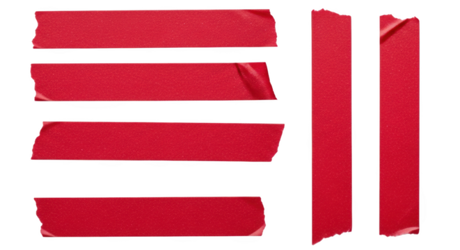Red masking tape strips and pieces torn and wrinkled for decoration or backgrounds isolated on transparent background