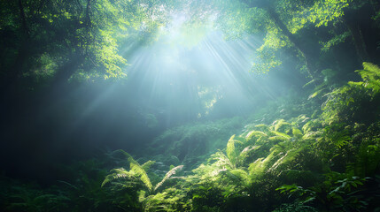 Obraz premium Sunlight streams through the dense canopy of a lush green forest, illuminating ferns and creating a magical, misty atmosphere.