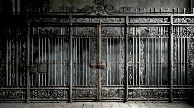 Ornate Iron Gates with Intricate Patterns in an Abandoned Urban Environment - Powered by Adobe