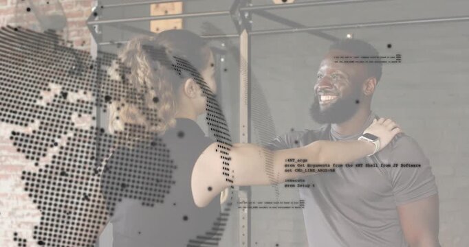 Woman gripping bar, extending arms in gym, trainer guiding form under rotating map and code overlay