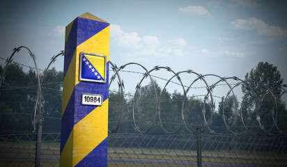 Border post with flag of Bosnia and Herzegovina - 3D illustration