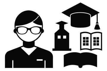 Black and White Education Icons Student, Mortarboard, University Building, and Open Books Set