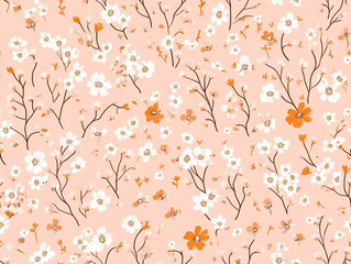 Two images showing a seamless repeating pattern of small, stylized flowers on a soft coral pink background, creating a delicate, cheerful, and whimsical motif.