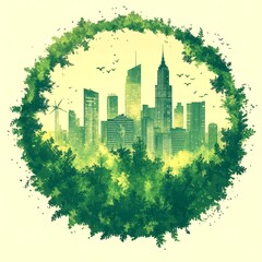 Urban skyline merges with nature in a landscape during a day