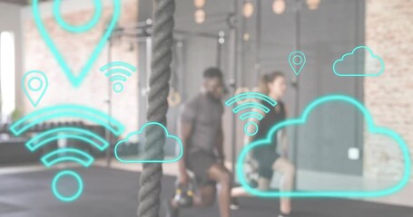 Fitness partners adjusting kettlebell grips lunging with swinging rope, drifting icons for power - Powered by Adobe