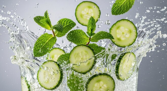 Freshly sliced cucumbers and vibrant green mint leaves are dramatically splashed into clear, cool water, creating dynamic droplets and a refreshing, appetizing visual appeal against a light gray...