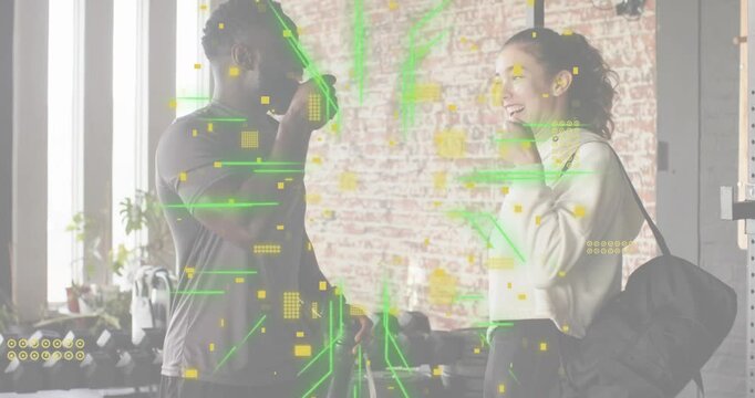 Woman entering gym bumping fists with man drinking while animated bar chart showing fitness gains