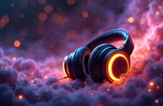 Over ear headphones with glowing orange rings rest on soft purple clouds against a cosmic backdrop filled with bokeh lights. Immersive audio experience.
