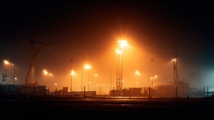 Naklejka premium Construction Site with Cranes and Lights at Night