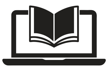 Black and White Icon of Open Book on Laptop, Symbolic for Online Learning