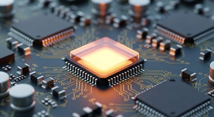 Closeup of a glowing central processor on a circuit board