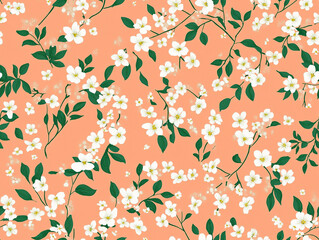 Two images showing a seamless repeating pattern of small, stylized flowers on a soft coral pink background, creating a delicate, cheerful, and whimsical motif.