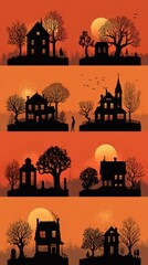 Collection of silhouettes featuring houses and trees against an orange sunset backdrop
