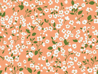 Two images showing a seamless repeating pattern of small, stylized flowers on a soft coral pink background, creating a delicate, cheerful, and whimsical motif.