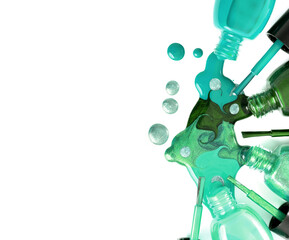 Creative closeup of turquoise nail polish spilled from open bottles with brushes on white background. Glossy liquid texture forms artistic patterns, symbolizing beauty, fashion and cosmetic style.