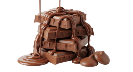 Isolated stack of milk chocolate squares with chocolate syrup pouring down, no background