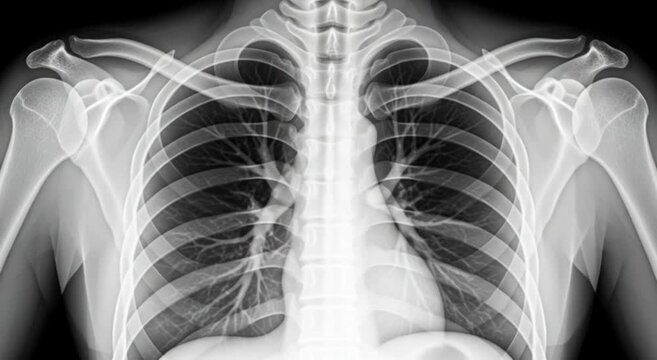 Medical X-Ray image displaying human chest showcasing ribs and lungs