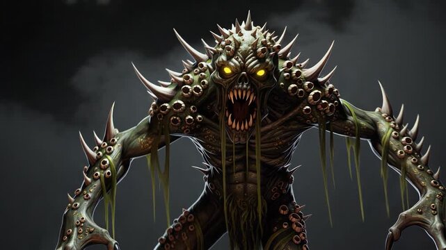 Terrifying Animated Monster with Spikes, Glowing Eyes, and Open Mouth in Dark Setting