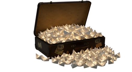 Vintage suitcase filled with paper boats concept for travel adventure and imagination journey idea
