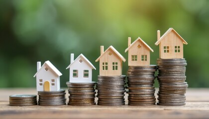 Stack of coins, home models show property value growth. Finance concept illustrates house investment, real estate market trends, mortgage rates, economic development. Savings to buy property increase.